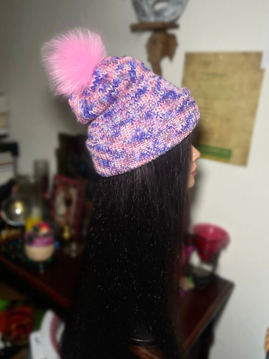 "Airy Fairy" Multicolor Cuffed Beanie W/ Puffball