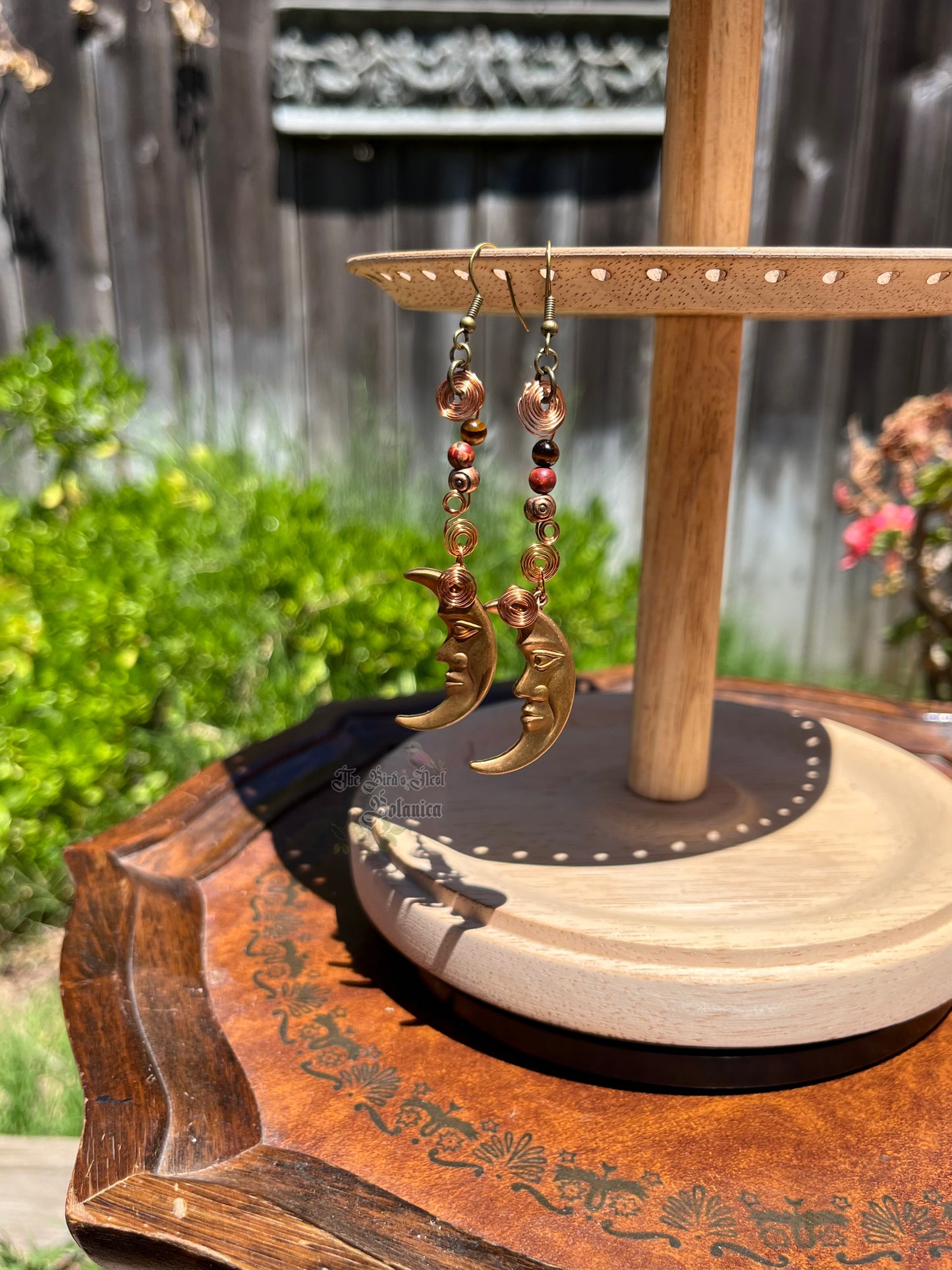"Moonmother's Coil" Bronze/Copper Tiger's Eye Moon Pendant Earrings