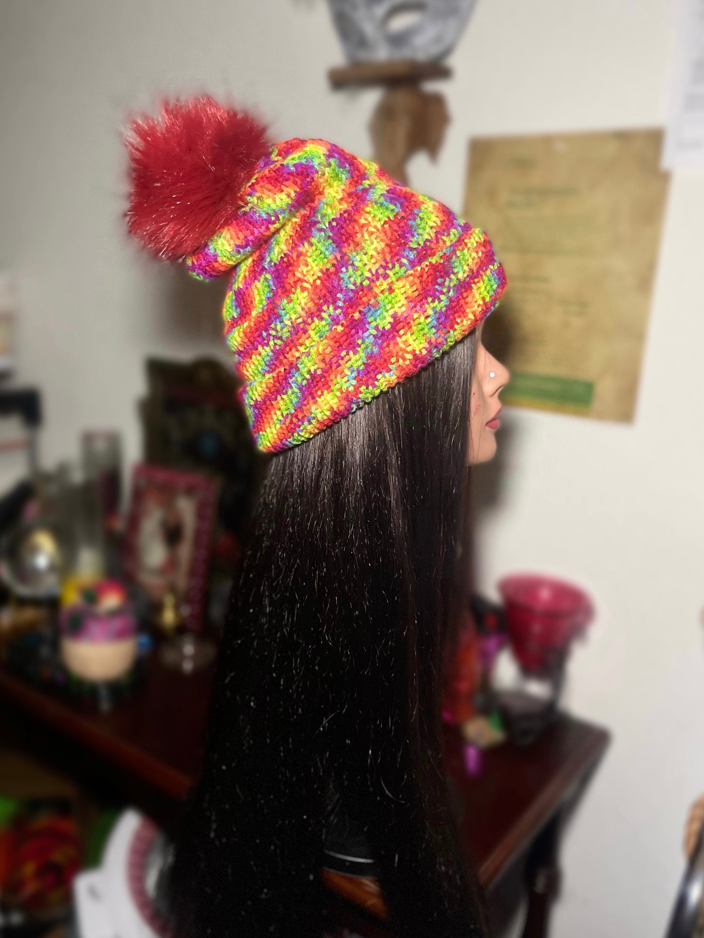 "Psychedelic" Multicolor Cuffed Beanie W/ Puffball