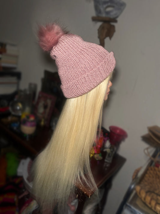 "Dusty Rose" Sparkly Cuffed Beanie W/ Puffball
