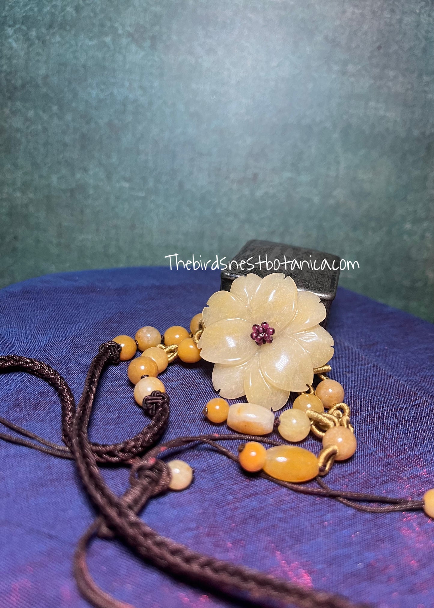 Vintage Hand-Carved Mutton-Fat Yellow Nephrite Jade Flower Pendant with Accent Beads