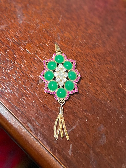 Vintage Juliana Iconic For Studio Girl of Hollywood Green Jade Cabochons X Magenta Tassle Brooch