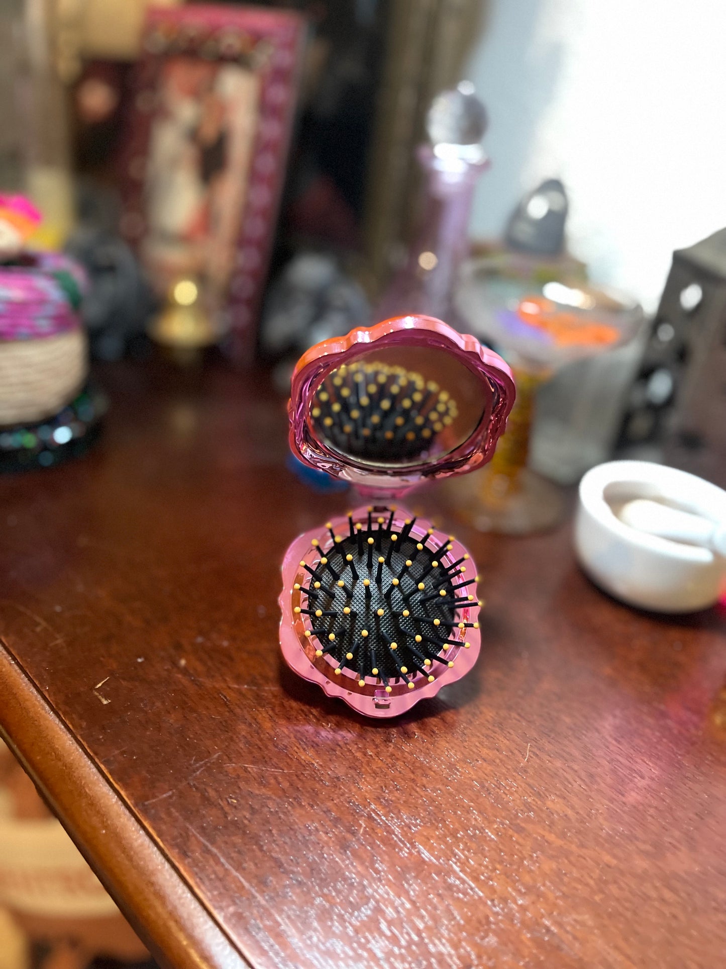 Bejweled Rose Compact Mirror + Brush Combo