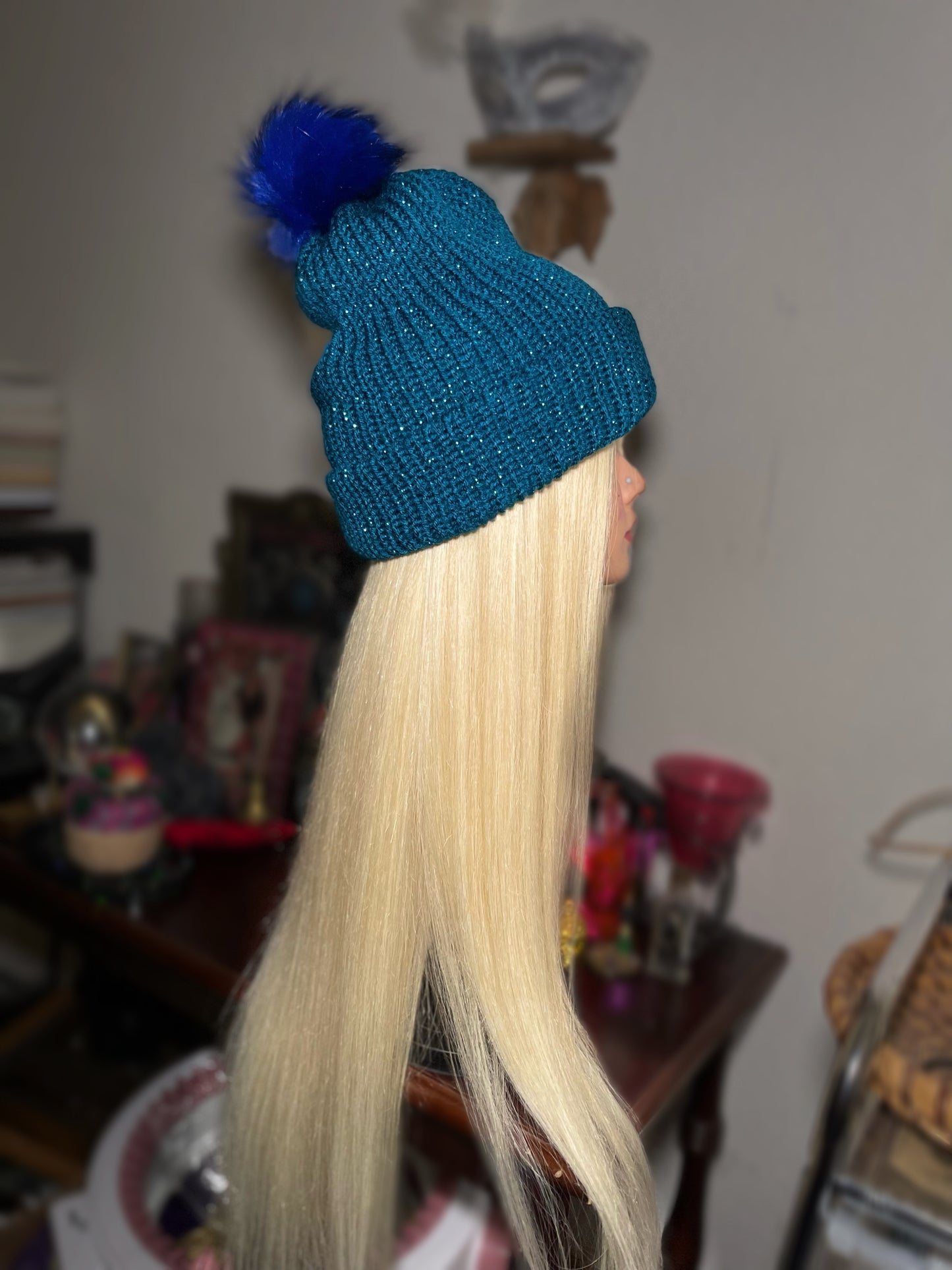 "Lagoon" Sparkly Cuffed Beanie W/ Puffball