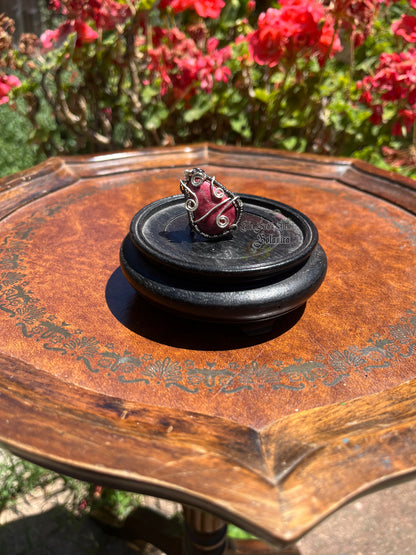Pink Thulite Teardrop Gunmetal Wrapped Ring (Size 8mm)