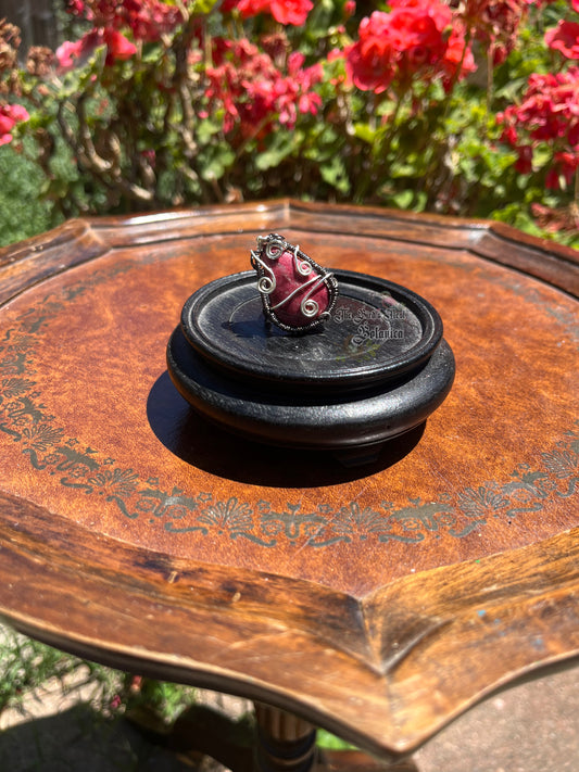 Pink Thulite Teardrop Gunmetal Wrapped Ring (Size 8mm)