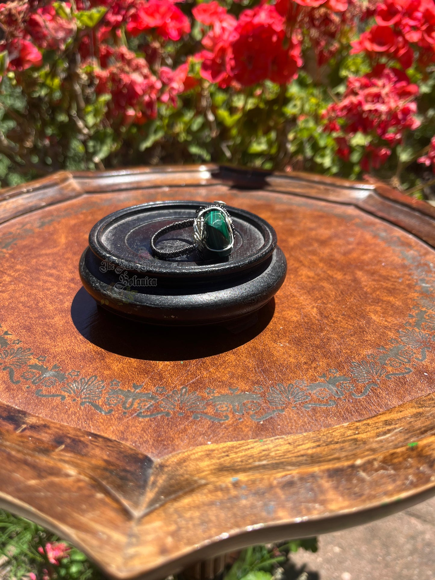 Malachite Gunmetal Wire Wrapped Ring (Size 9)