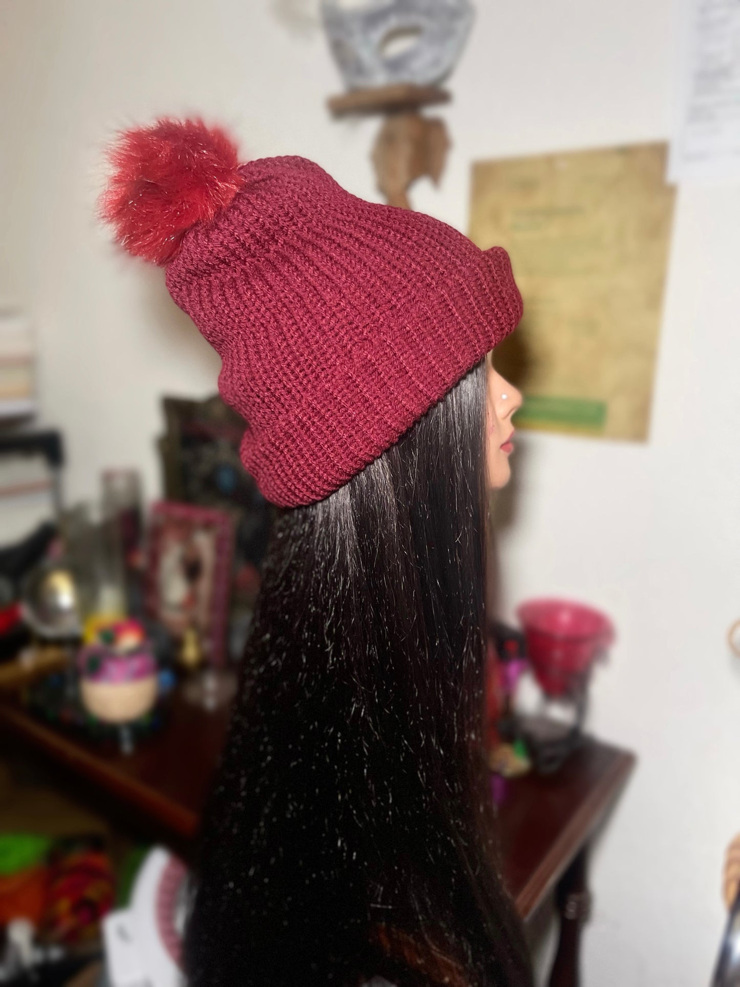 "Blood Red Rose" Burgundy Cuffed Beanie W/ Puffball
