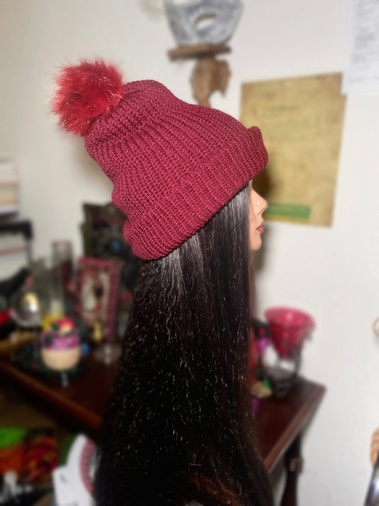 "Blood Red Rose" Burgundy Cuffed Beanie W/ Puffball