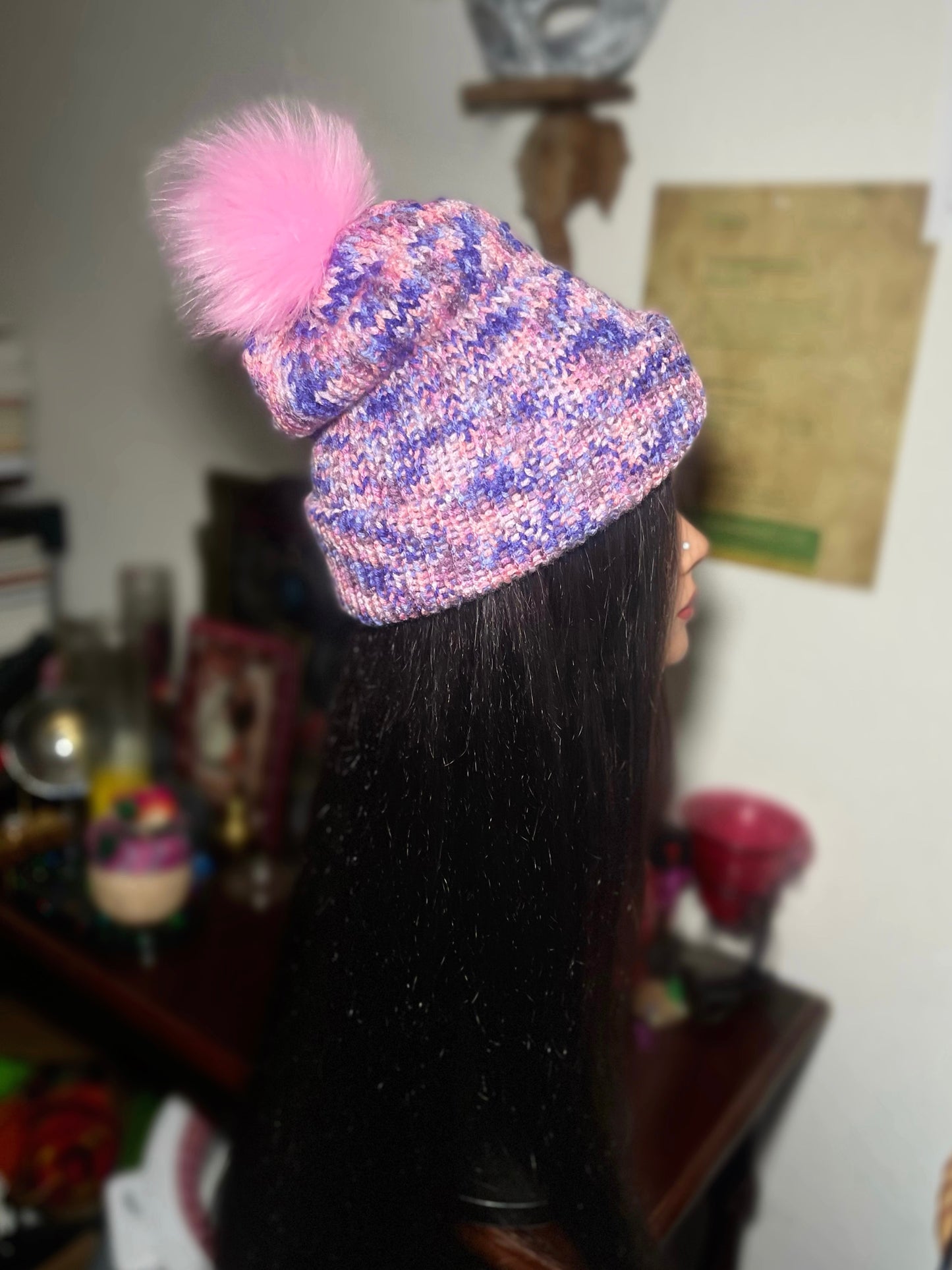 "Airy Fairy" Multicolor Cuffed Beanie W/ Puffball