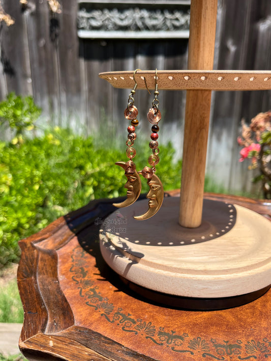 "Moonmother's Coil" Bronze/Copper Tiger's Eye Moon Pendant Earrings