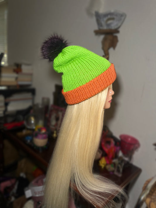 Halloween Themed Multicolor Cuffed Beanie W/ Puffball