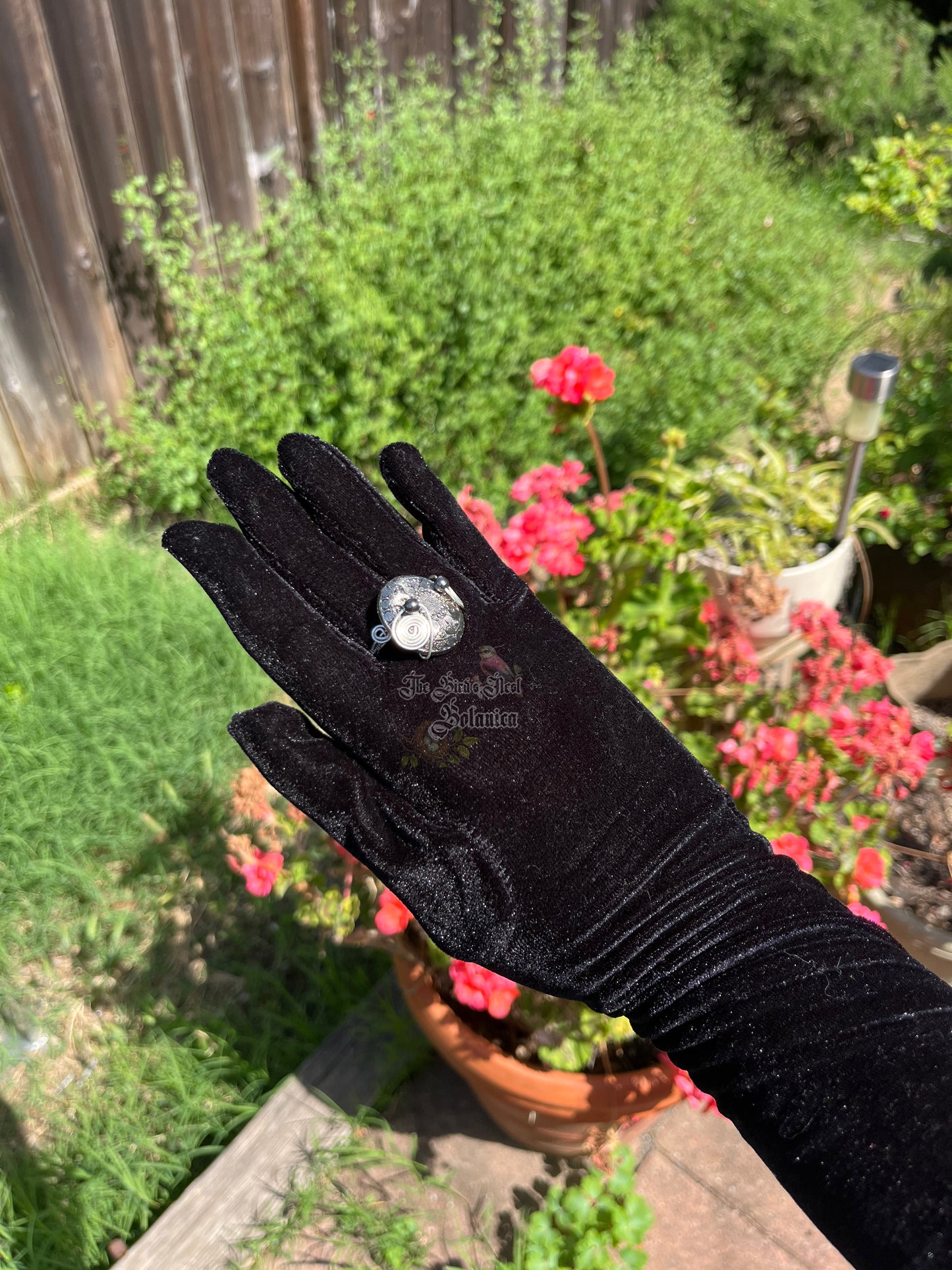 "Timepiece" Silver-Tonend Button Gunmetal Wire Wrapped Ring (Size 10)