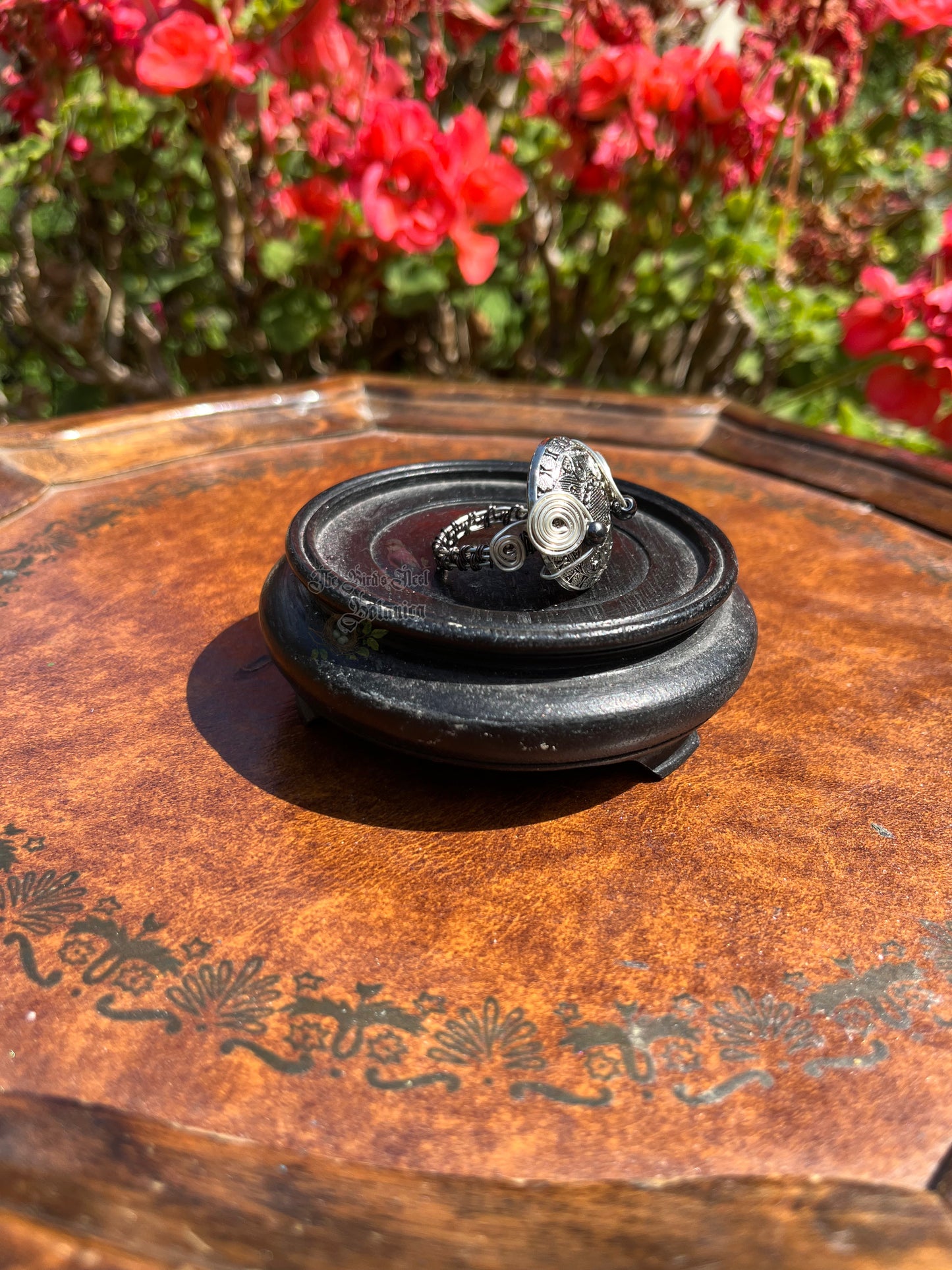 "Timepiece" Silver-Tonend Button Gunmetal Wire Wrapped Ring (Size 10)