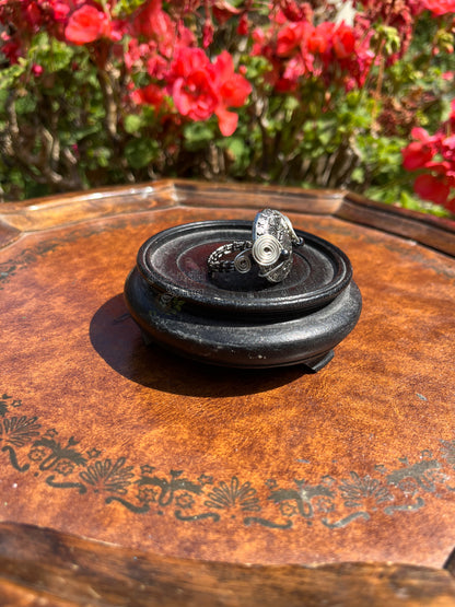 "Timepiece" Silver-Tonend Button Gunmetal Wire Wrapped Ring (Size 10)