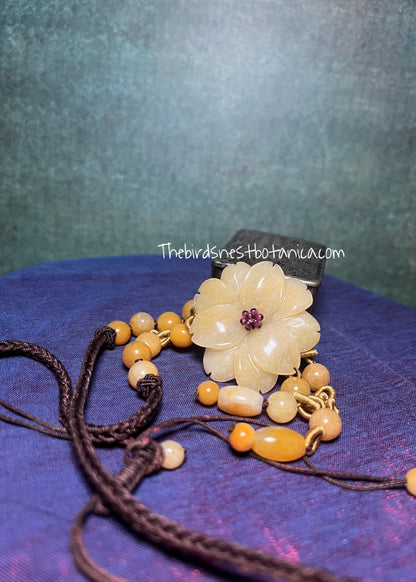 Vintage Hand-Carved Mutton-Fat Yellow Nephrite Jade Flower Pendant with Accent Beads