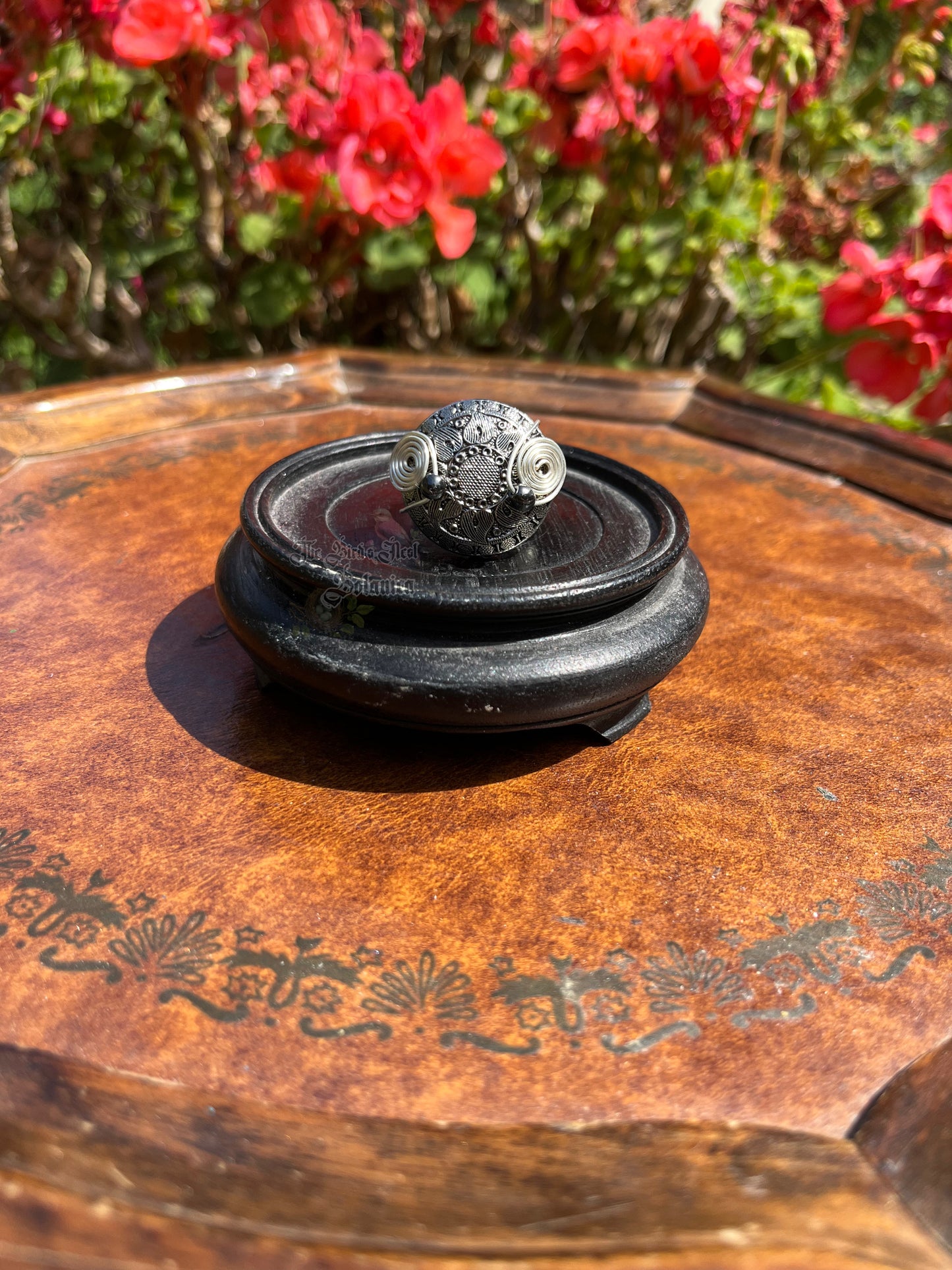 "Timepiece" Silver-Tonend Button Gunmetal Wire Wrapped Ring (Size 10)