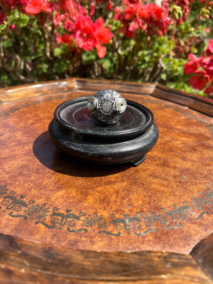 "Timepiece" Silver-Tonend Button Gunmetal Wire Wrapped Ring (Size 10)