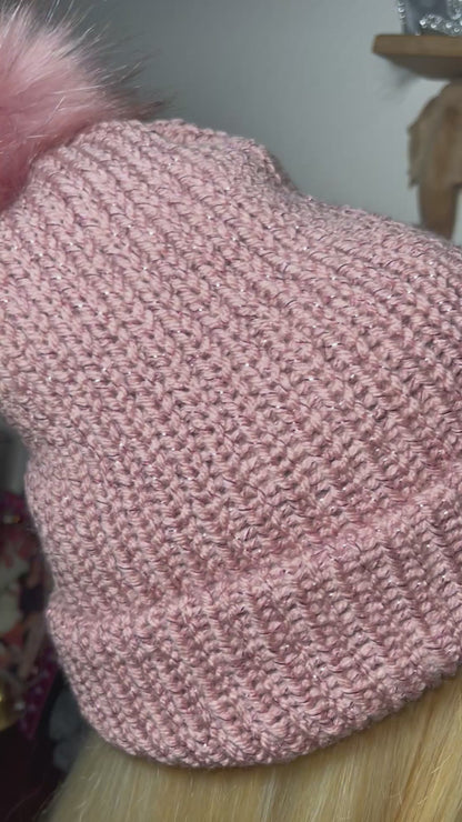 "Dusty Rose" Sparkly Cuffed Beanie W/ Puffball