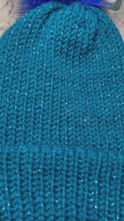 "Lagoon" Sparkly Cuffed Beanie W/ Puffball